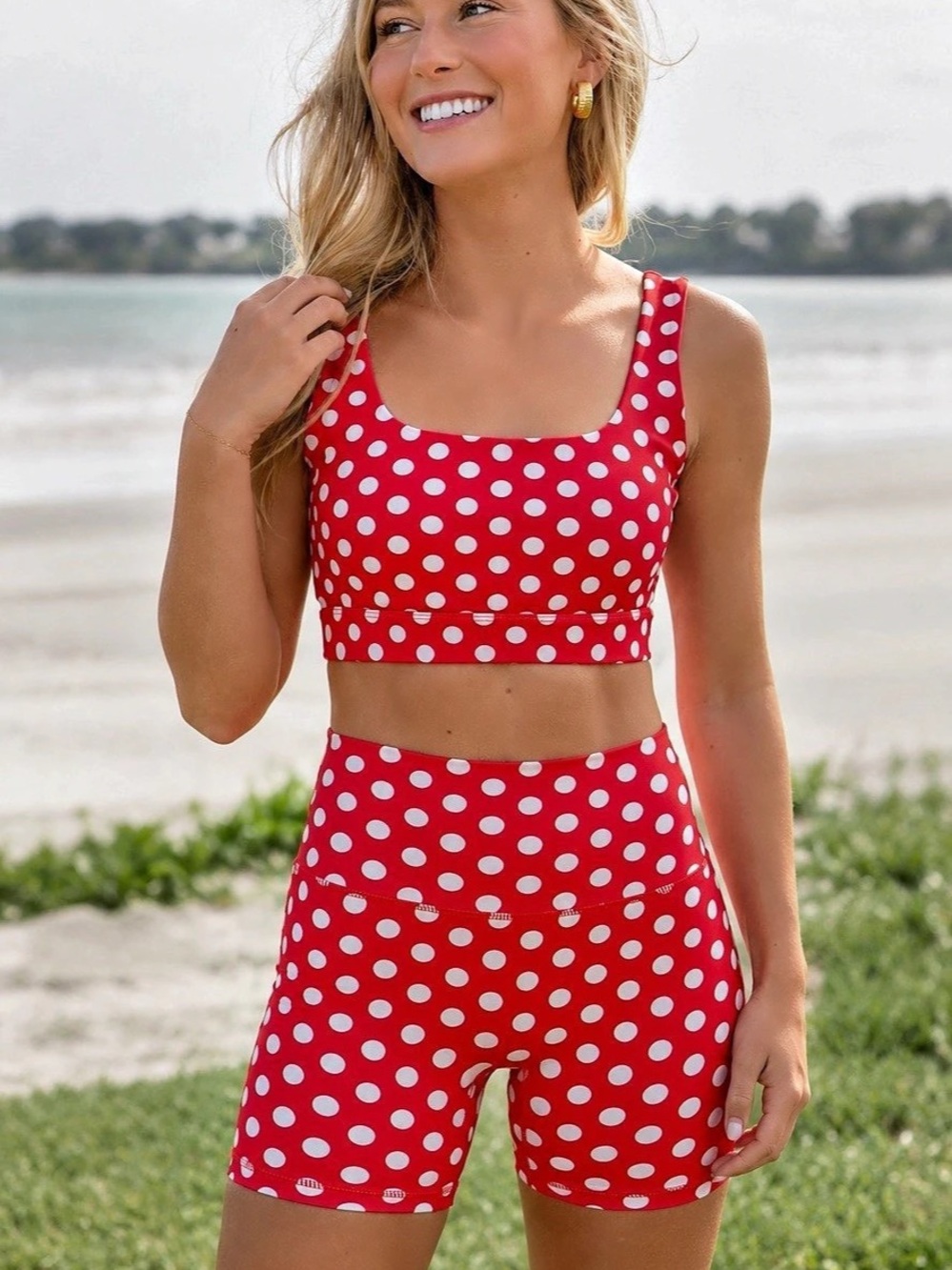 Shop Fancy Flexion Red Polka Dot Sports Bra & Biker Shorts Matching Set